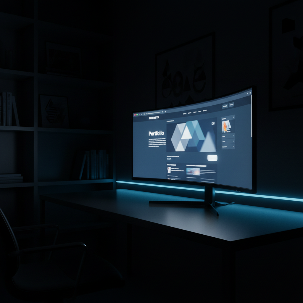 A night-time studio interior with a single ultra-wide curved monitor glowing on a dark metal desk, displaying a live prototype of an interactive portfolio site with smooth scroll animations frozen mid-motion. The room is mostly submerged in shadow, with faint outlines of shelving and abstract design books barely visible. A cool-blue LED strip runs along the desk’s rear edge, casting a thin neon halo on the wall and reflecting softly on the brushed metal surface. Photographic realism with a cinematic, moody tone, captured from a side angle that lets the monitor’s curve dominate the composition. The contrast between luminous interface elements and deep darkness suggests focused, late-night crafting of modern digital experiences.