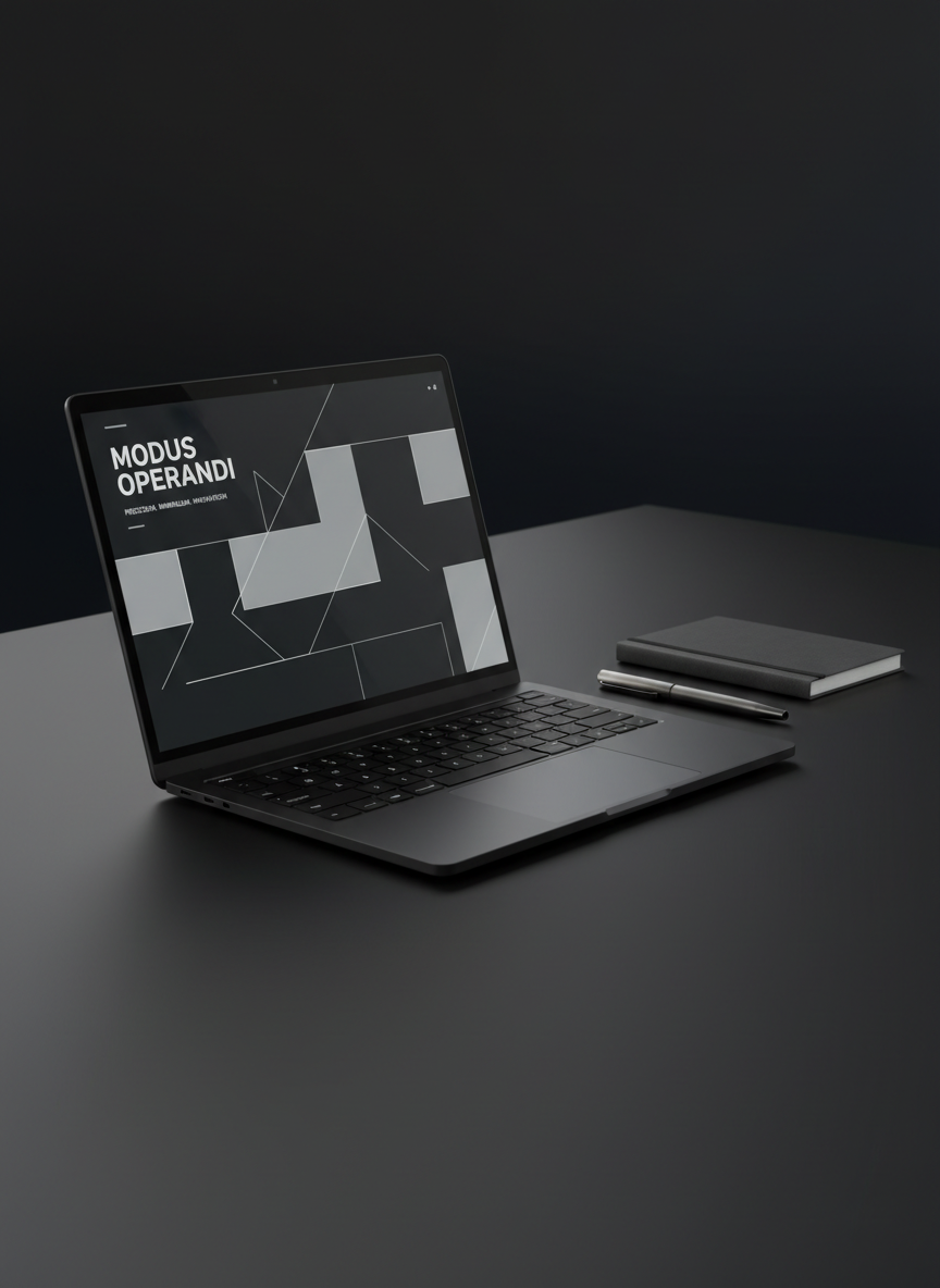 A sleek, ultra-thin black laptop with a luminous, high-resolution screen displaying a minimal, monochrome web layout of geometric blocks and crisp typography. The laptop rests on a matte black desk with sharp edges, surrounded by negative space, with only a single metallic pen and a closed charcoal-gray notebook nearby. Subtle cool-toned studio lighting falls from the upper left, creating gentle reflections along the laptop’s metal chassis and soft shadows that stretch diagonally. The background fades into a dark, defocused gradient, emphasizing the device. Photographic realism with a modern, minimalist aesthetic, shot at an eye-level three-quarter angle, shallow depth of field, conveying a sophisticated, quietly powerful atmosphere perfect for a cutting-edge web design studio hero image.