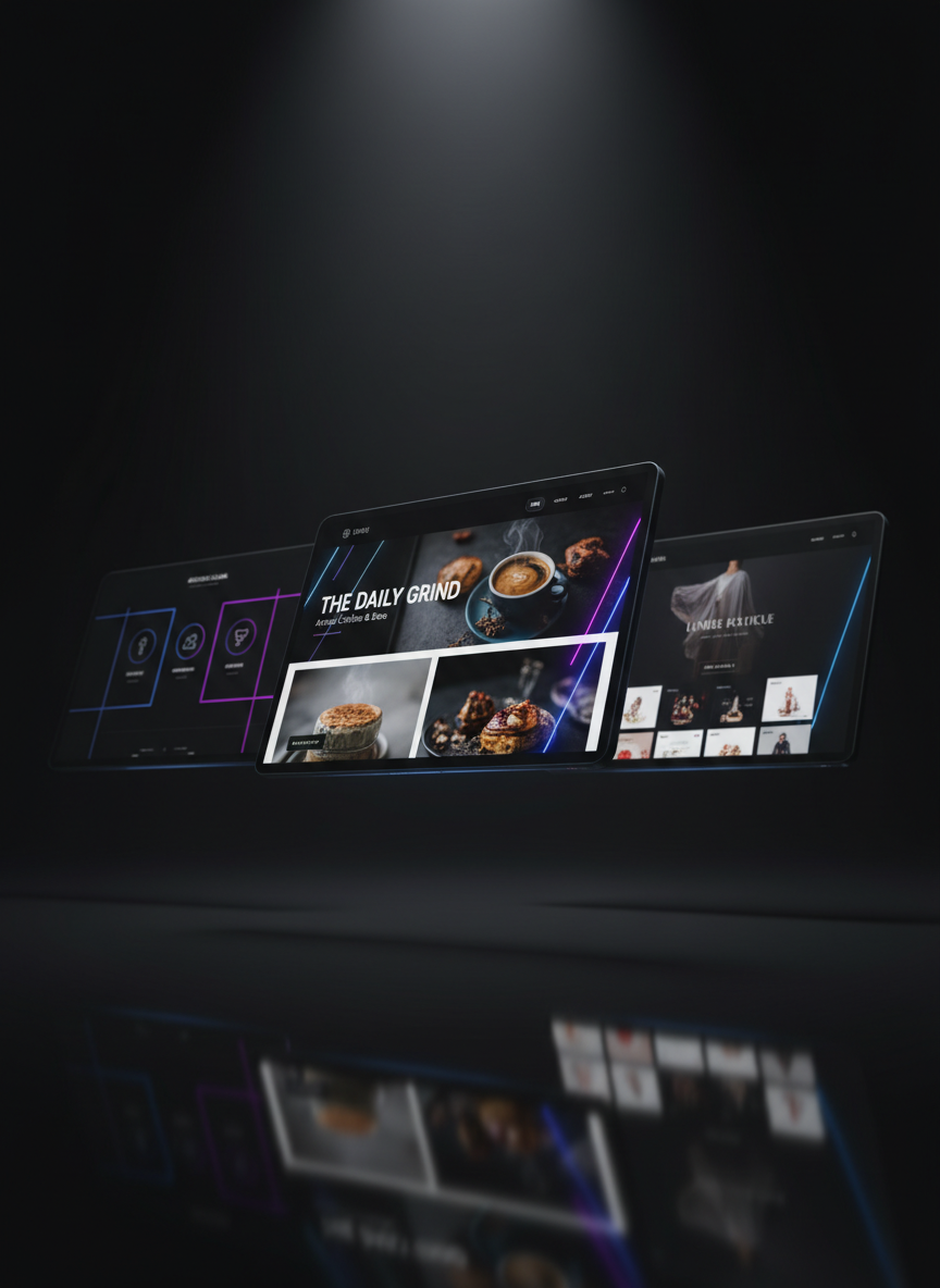 Three floating dark-mode website mockups arranged in a staggered perspective against a nearly black gradient background. Each screen features different small-business concepts—café, consultancy, and boutique—designed with clean grids, sharp typography, and accent neon lines in electric blue and violet that subtly glow. The mockups appear to hover above a reflective, glossy black surface, their reflections fading into shadow. A focused spotlight from above creates rim lighting along the screen edges and a cinematic, high-tech atmosphere. Photographic realism blended with subtle digital surrealism, captured with a wide lens and shallow depth of field, highlighting the central mockup in razor-sharp focus while the others gently blur, emphasizing versatility in modern, minimal web design.