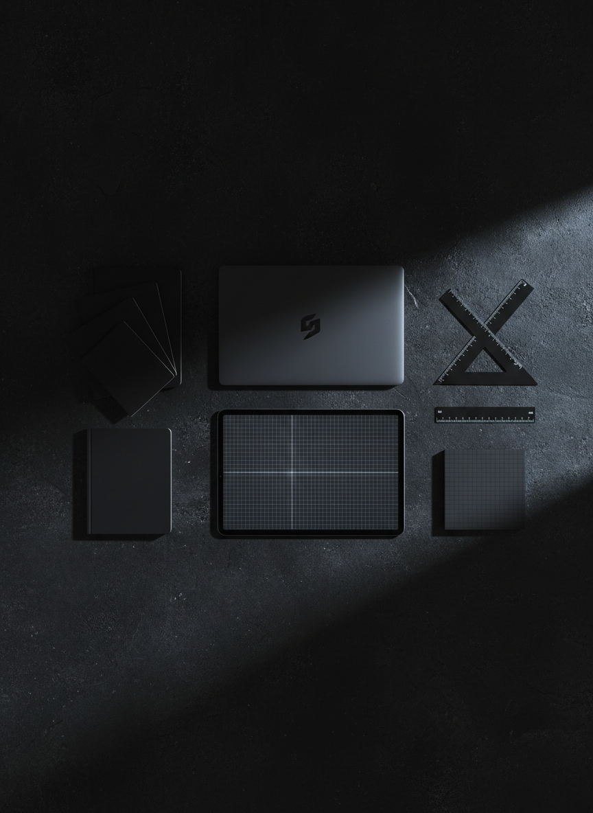 A flat-lay of a web designer’s dark, minimal toolkit spread across a textured black concrete surface: a tablet with a wireframe grid open, a closed midnight-gray laptop with a subtle logo, a set of matte-black sketchbooks fanned out, and metal rulers and grid-lined sticky notes arranged with geometric precision. Thin, cool directional light from the right skims across the objects, picking up edges and textures, leaving deep, soft shadows that define shapes without clutter. Photographic realism with a high-contrast, moody atmosphere, shot from directly overhead for a perfectly symmetrical composition. The scene communicates meticulous planning and structured creativity for professional web design, while maintaining a bold, refined aesthetic.
