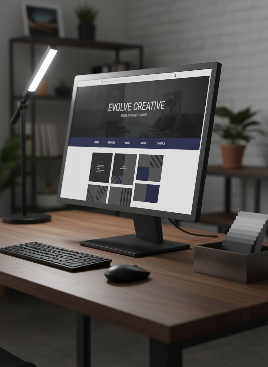 A large, frameless monitor on a dark walnut desk shows a modern small-business homepage: bold hero section, clean navigation, and generous whitespace set in charcoal, deep indigo, and crisp white. Surrounding the monitor are neatly arranged design tools: a slim black keyboard, a wireless mouse, and a geometric metal desk organizer holding neatly stacked swatch cards in muted grayscale. A soft pool of cool-white desk-lamp light illuminates the workspace, contrasting with the darker studio around it. Shot from a slightly elevated angle with photographic realism, the scene feels focused and contemplative, with sharp detail on the screen and subtle background blur, evoking precision and deliberate design choices.