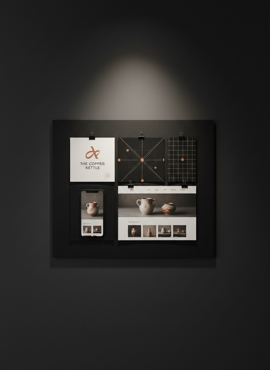 A minimalist branding and web layout board pinned to a dark charcoal wall, featuring neatly aligned printouts: a logo system, a responsive grid, and mobile and desktop homepage concepts for a small artisan shop. Each piece uses a restrained palette of black, off-white, and a single burnt copper accent. Thin metal pins and black binder clips hold the pieces with precise spacing, creating a grid-like order. A soft, diffused spotlight from above highlights the center of the board, letting the edges fall gently into shadow. Photographic realism with a studio feel, shot straight-on to emphasize flatness and structure, conveying strategic, thoughtful design planning in a quiet, confident atmosphere.
