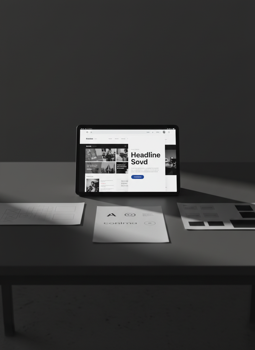 A dark, minimal client presentation scene with a large, slim tablet lying on a graphite-colored table, its screen showing a before-and-after comparison of a small business website makeover. The ‘before’ is muted and cluttered, while the ‘after’ is strikingly simple, featuring bold typography, ample negative space, and a restrained color palette of black, white, and one accent hue. Around the tablet, a few printed layout grids and logo concepts are arranged in a precise fan. Soft, directional side lighting from the left creates long, elegant shadows and subtle paper texture, evoking a serious, strategic mood. Photographic realism, shot at a low, cinematic angle, frames the tablet as the undeniable focal point of the composition.